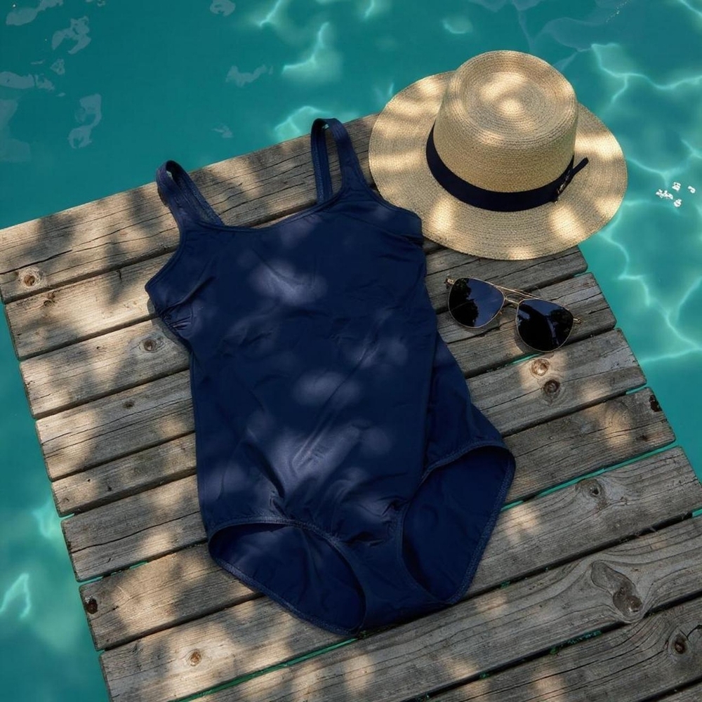Lands' End Women's Black and Blue Scoop Neck Tugless One Piece Swimsuit